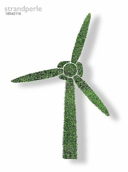 Grünes Gras Windkraftanlage vor weißem Hintergrund  erneuerbare und klimafreundliche Energie-Konzept-Symbol