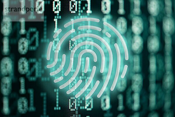 Glühenden Fingerabdruck-Symbol gegen binären Code digitalen Hintergrund  Internet-Sicherheit und Datenschutz conceptprivacy