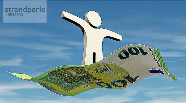 Finanzielle Freiheit. Finanzielle Freiheit - ein Mensch fliegt auf einer 100-Euro-Banknote