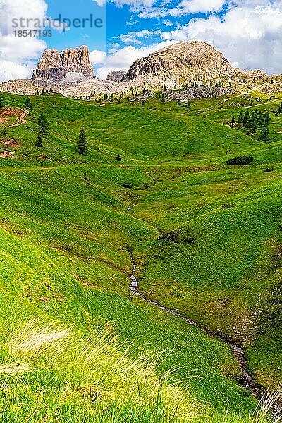 Schöne Berglandschaft mit dem Berg Averau der Nuvolau-Gruppe in den italienischen Dolomiten und einem kleinen Bach  der durch ein grünes Tal in der Provinz Belluno  Italien  fließt  Europa