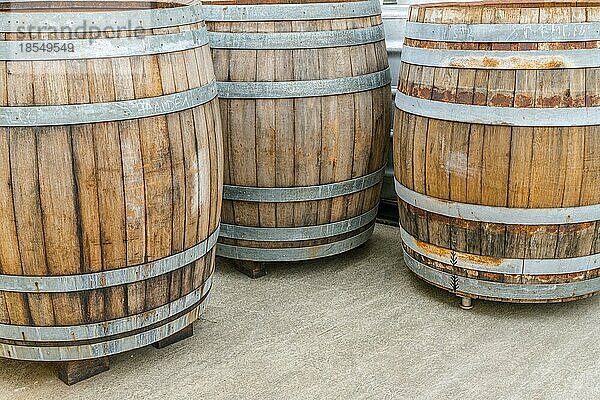 Alte traditionelle übergroße Holzfässer für die Reifung von roten Pinot Noir-Trauben für Barrique-Wein