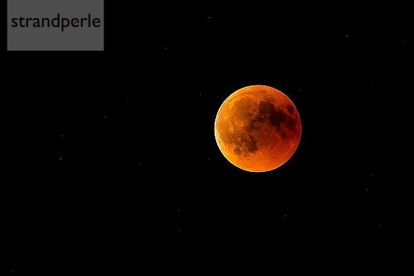 Ein Vollmond oder Blutmond während einer totalen Mondfinsternis am schwarzen Nachthimmel mit Sternen