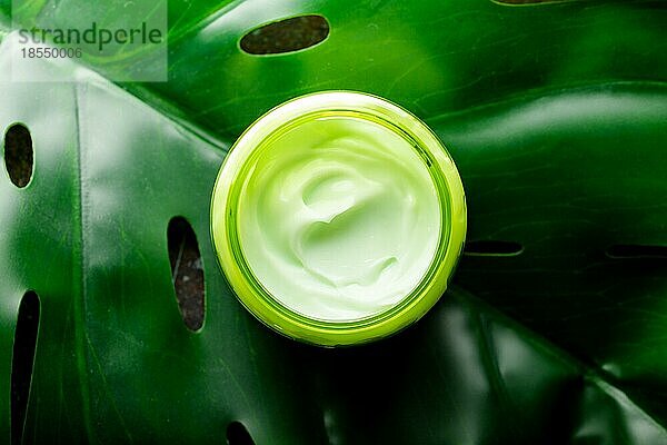 Kosmetische Creme in einem Behälter auf einem grünen monstera tropischen Blatt Draufsicht  Naturkosmetik und BioHautpflege Produktkonzept. Creme für Gesicht und Körperpflege  flach legen