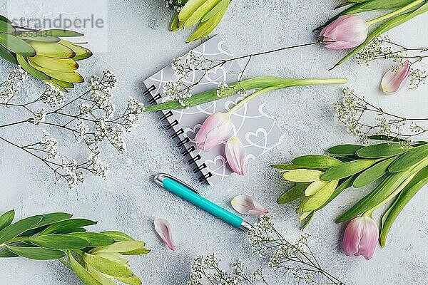 Arbeitsbereich mit Tagebuch  Notizbuch  Stift  Blumen auf hellblauem Hintergrund. Schreibtisch im Heimbüro. Top view femininen Hintergrund. Flachlage  Draufsicht