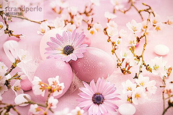 Rosa Ostereier mit blühendem Zweig  Blumen und Süßigkeiten für Ostern und den Frühling