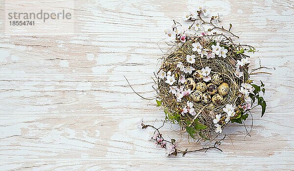 Nest mit Ostereiern und blühenden Zweigen auf weißem Holzhintergrund mit Kopierraum