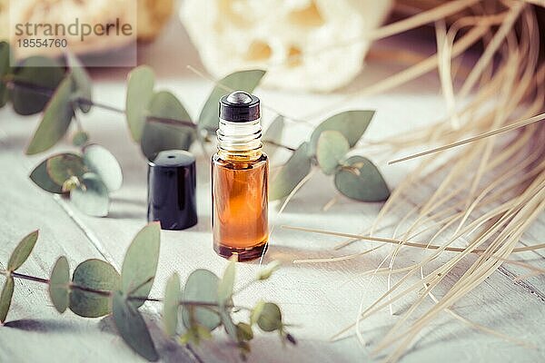 Natürliche handgemachte Kosmetik Flasche mit ätherischem Öl Stick mit Eukalyptuszweig und Beautyprodukte