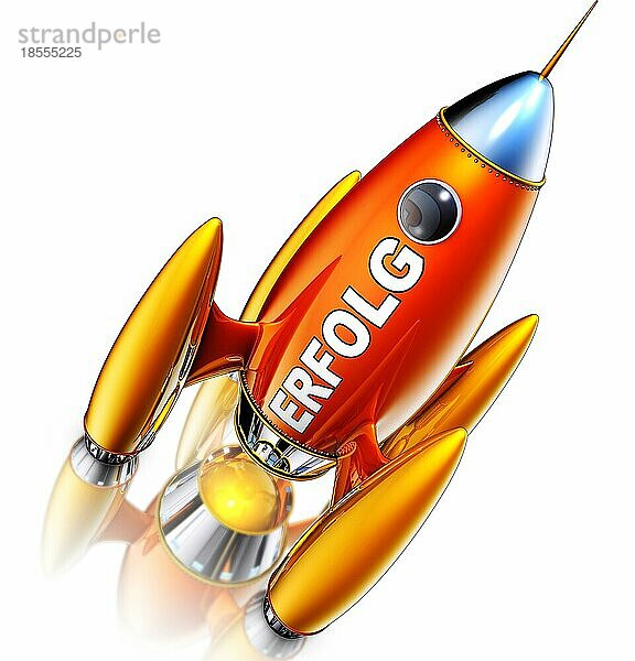 3D-Illustration einer Rakete mit einem deutschen Symbol für Erfolg