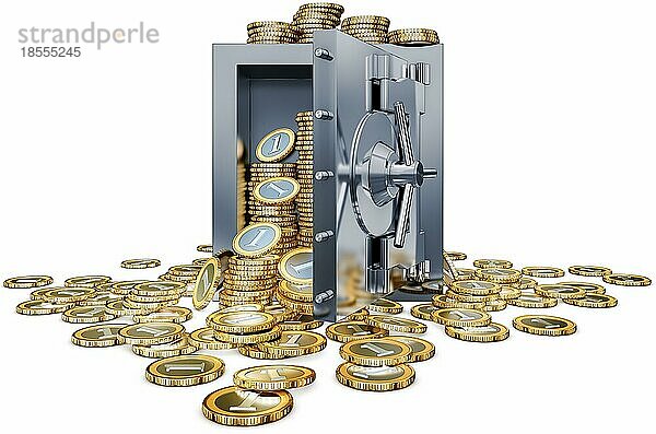 3D-Rendering eines offenen Banktresors mit Münzen