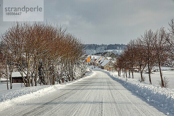 Winter im Harz schneebedeckte Fahrbahn B242 bei Siptenfelde