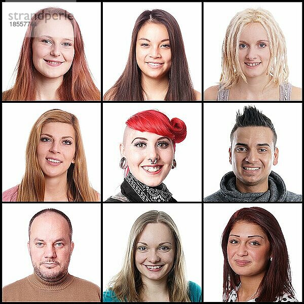 Sammlung von 9 verschiedenen multiethnischen Frauen und Männern im Alter von 18 bis 45 Jahren