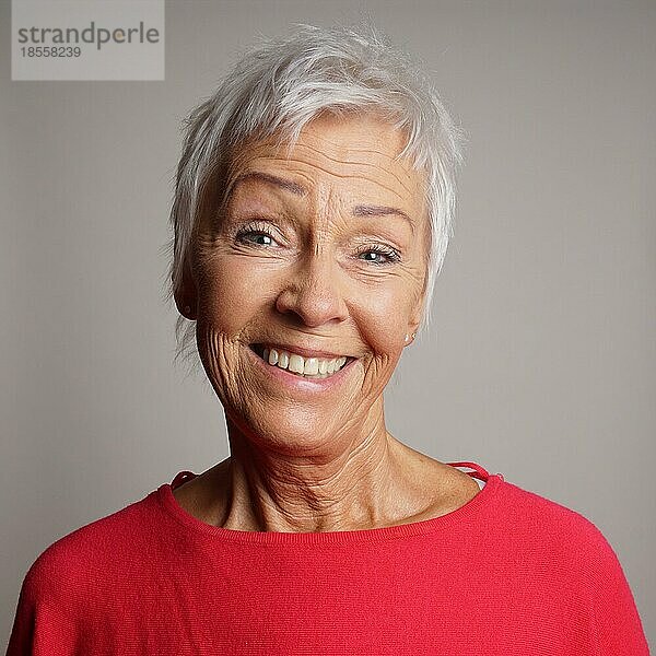 Glückliche ältere Frau in den 60ern mit trendigen kurzen weißen Haaren lachend