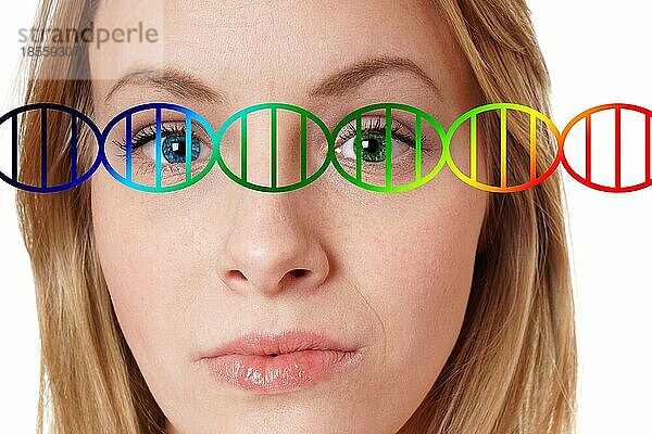Konzept für die Bearbeitung des menschlichen Genoms  Nahaufnahme einer jungen Frau mit einer blaün und einer grünen Augenfarbe  überlagert von einer DNA-Doppelhelix