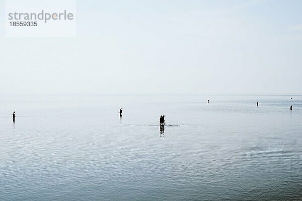 Gruppe von Menschen  die durch seichtes Wasser an der deutschen Nordseeküste bei Ebbe waten und spazieren gehen  Silhouetten im Gegenlicht