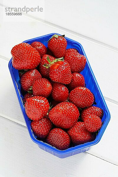 Frische deutsche Erdbeeren oder Gartenerdbeeren in Plastikbehälter auf weißem Holz