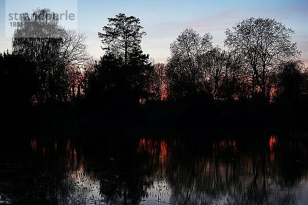 Dunkler und stimmungsvoller Sonnenuntergang über einem See oder Teich mit der Silhouette kahler Bäume