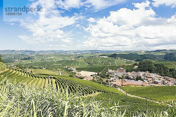 Panoramalandschaft in der Region Piemont  Italien. Malerischer Weinberghügel mit dem berühmten Schloss und der Stadt Barolo