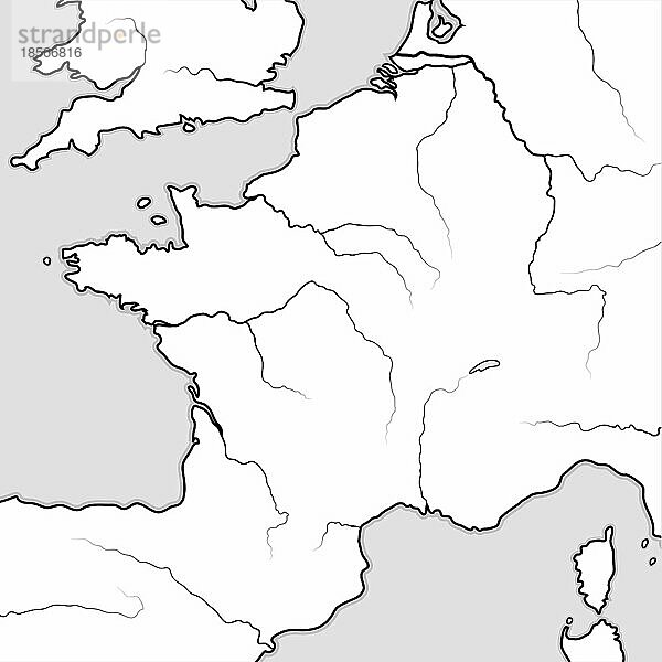 Karte der FRANZÖSISCHEN Länder: Frankreich und seine Regionen - Île-de-France  Champagne  Normandie  Bretagne  Aquitaine  Occitanie  Provence  Burgund  Lothringen  Elsass. Geografische Karte mit Küstenlinie und Flüssen