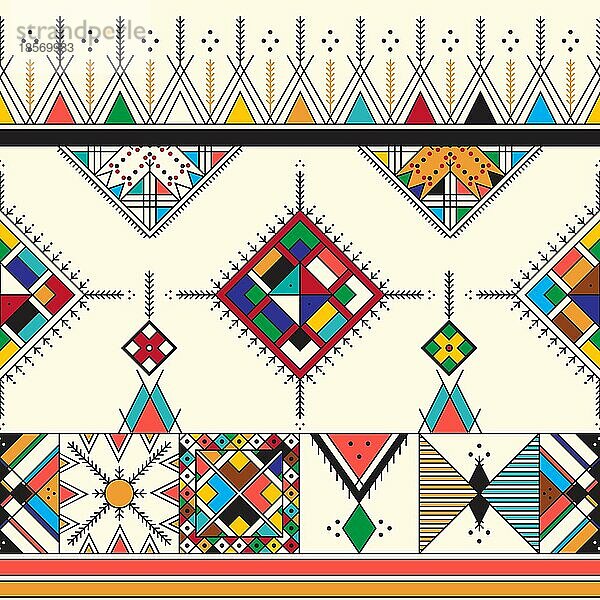 Dekoratives  sich wiederholendes geometrisches Muster  inspiriert von den traditionellen Malereien von Al-Qatt Al-Asiri