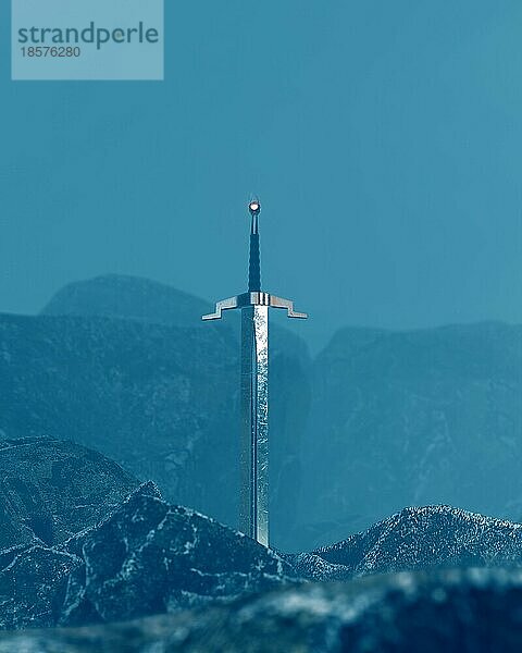 3D-Rendering eines Schwertes im Stein mit einem surrealen Hintergrund