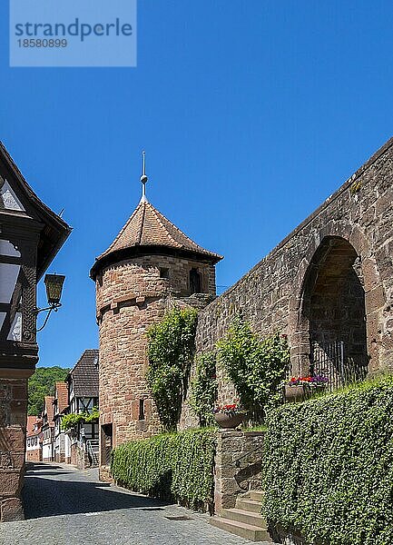 Wehrmauer mit Wehrturm der Wehrkirche in Dörrenbach  Südpfalz  Pfalz  Rheinland-Pfalz  Deutschland  Europa