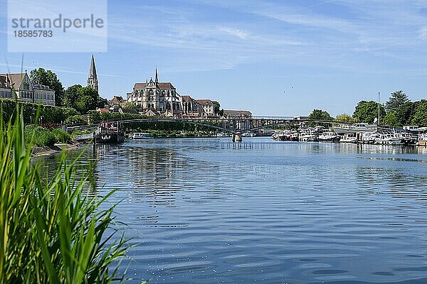 Hausboote auf dem Fluss Yonne  im Hintergrund die Cathédrale Saint-Étienne  Auxerre  Département Yonne  Region Bourgogne-Franche-Comté  Burgund  Frankreich  Europa