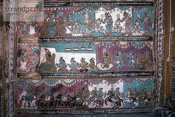 Wandgemälde des Ramayana-Epos aus dem 16. Jahrhundert in Alagar Kovil  Alagar koyil Vasantha Mandapam Decke bei Madurai  Tamil Nadu  Südindien  Indien. Verspielte Kindheit von Rama und seinen Brüdern  Gurukula-Ausbildung von Rishi Vasishtha für Rama  Lakshmana  Bharatha und Sathrukana