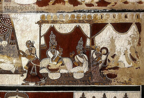 Wandmalereien aus dem 13. Jahrhundert an der Decke des Digambar Jain-Tempels in Thiruparuthikundram  Jina Kanchi in Kancheepuram  Tamil Nadu  Indien  Asien