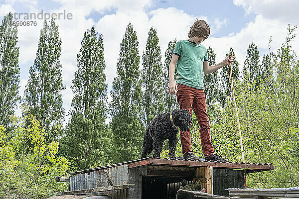 Junge mit Hund steht auf der Schrebergartenhütte