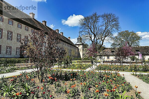 Tulpenbeete im Remtergarten mit Blick auf das Schloss Corvey  sonniges Frühlingswetter  Landesgartenschau 2023  Höxter  Nordrhein-Westfalen  Deutschland  Europa
