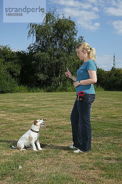 Frau mit Parson-Russell-Terrier  Handzeichen 'Sitz'  Parson-Jack-Russell-Terrier  Hundeerziehung