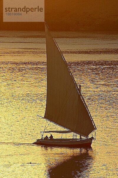 Traditionelles hölzernes Segelboot Feluke bei Sonnenuntergang auf dem Nil bei Assuan  Ägypten  Nordafrika  Afrika