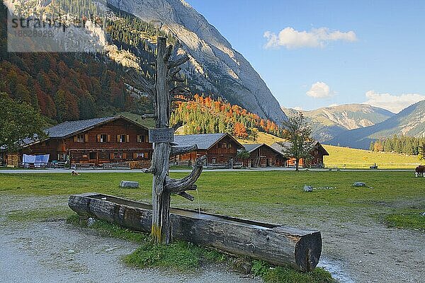 Almhütten und Holzbrunnen  Eng-Alm  Großer Ahornboden  Alpenpark Karwendel  Engtal  Tirol  Alpen  Österreich  Europa