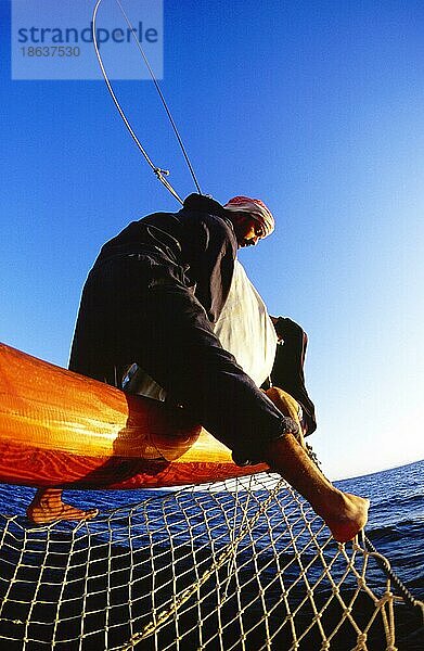 Man on Sailing Ship  Red Sea  Egypt/ Mann an der Spitze eines Segelboots  Rotes Meer  boat  Boot  Menschen  people  vertical  Ägypten  Afrika