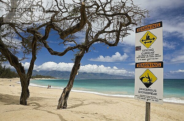Warnschild am Strand  Kanaha Beach Park  Insel Maui  Hawaii  gefährliche Strömung  gefährliche Wellen  Pazifik  USA  Nordamerika