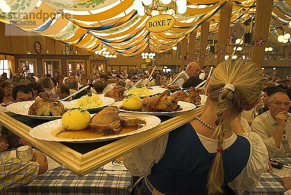 Kellnerin serviert Teller mit Essen  Bierzelt beim Oktoberfest  Theresienwiese  München  Bayern  Wiesn  Deutschland  Europa