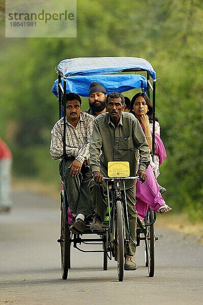 Rikschafahrer mit Touristen  Nationalpark  Bharatpur  Rajasthan  Indien  Keoladeo Ghana  Asien