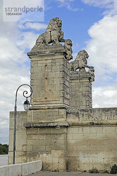 Löwenstatuen auf alten Brückenpfeilern  Arles  Bouches-du-Rhone  Provence-Alpes-Cote d'Azur  Südfrankreich  Löwenstatue  Brückenpfeiler