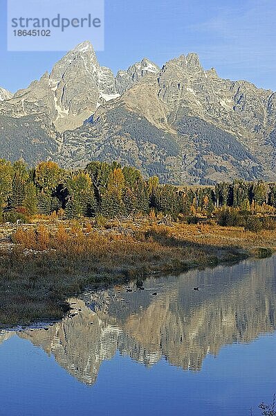 Teton Range spiegelt sich im Snake River  Grand-Teton-Nationalpark  Wyoming  USA  Rocky Mountains  Nordamerika
