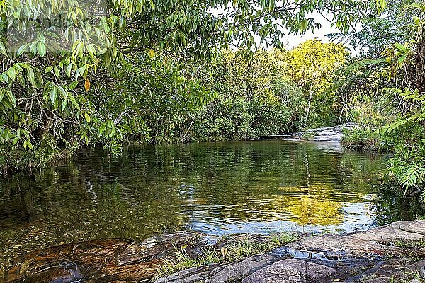 Kleiner See und Bach mit transparentem Wasser zwischen der Regenwaldvegetation in Carrancas  Minas Gerais  Brasilien  Carrancas  Minas Gerais  Brasilien  Südamerika