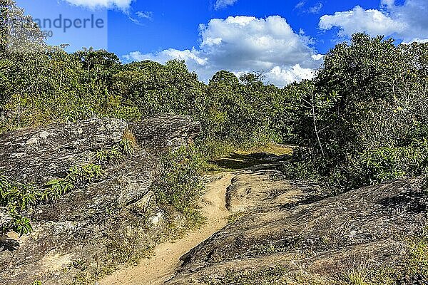 Pfad durch die Felsen und die Vegetation  der für Expeditionen in den Hügeln um die Stadt Lavras Novas in Minas Gerais  Brasilien  genutzt wird  Südamerika