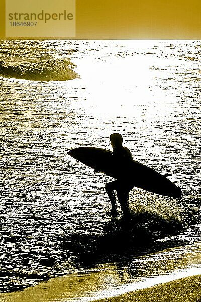 Silhouette eines Surfers  der während des Sonnenuntergangs am Strand von Ipanema in Rio de Janeiro  Brasilien  mit seinem Surfbrett ins Meer eintaucht  Südamerika