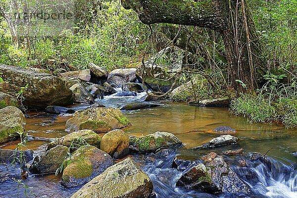 Kleiner Bach mit klarem Wasser  der durch die Felsen der Berge von Minas Gerais fließt  Moeda  Minas Gerais  Brasilien  Südamerika