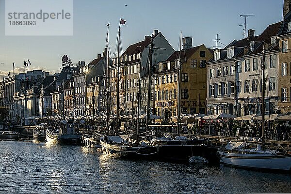 Nyhavn mit Fischerbooten  bunten Häusern und Abendsonne  Kopenhagen  Dänemark  Europa