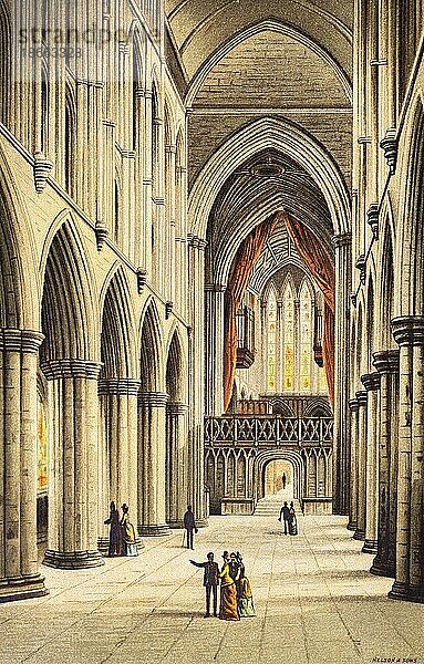 Kathedrale mit Kirchenschiff  Glasgow  Schottland  Großbritannien  Innenraum  Fenster  Buntglas  Besucher  Säulen  Kirchenorgel  farbige historische Illustration von 1889  Europa
