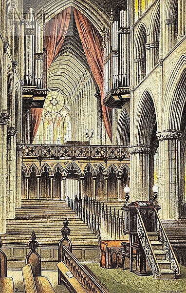 Kathedrale mit Orgel  Chorempore  Glasgow  Schottland  Großbritannien  Innenraum  Fenster  Buntglas  Bankreihen  Kanzel  farbige historische Illustration von 1889  Europa