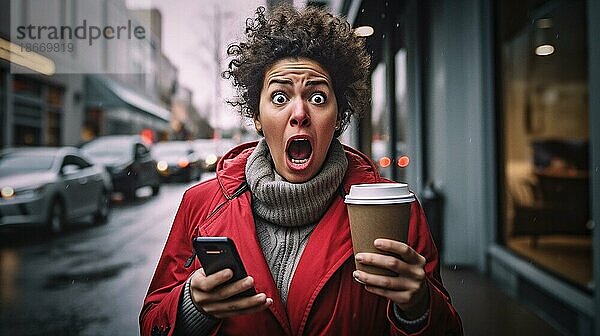 Freudig überraschte oder entsetzte junge adultes Weibchen mit Kaffeetasse und Handy in der Hand beim Spaziergang im Freien  generative AI