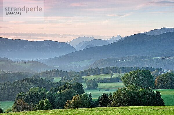 Morgenstimmung im Alpenvorland  Chiemgau  Blick auf Berchtesgadener Alpen mit Watzmann  Bayern  Deutschland  Europa