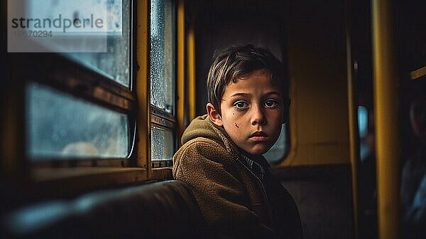 Trauriges  verängstigtes  einsames und kaltes Kind sitzt allein im Schulbus  generative KI