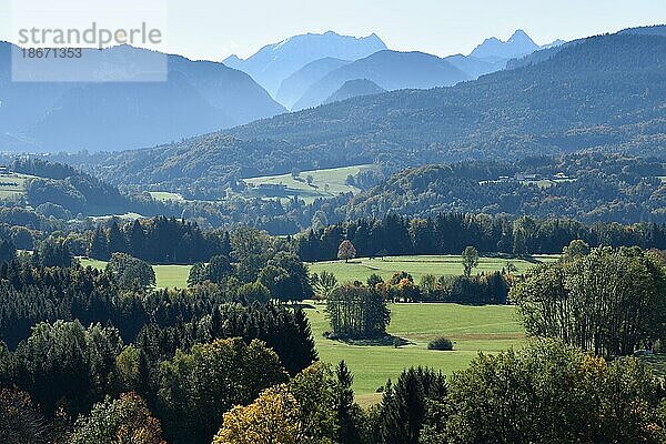 Blick aus dem Alpenvorland in die Berchtesgadener Alpen mit Watzmann und Hochkalter  Bayern  Deutschland  Europa
